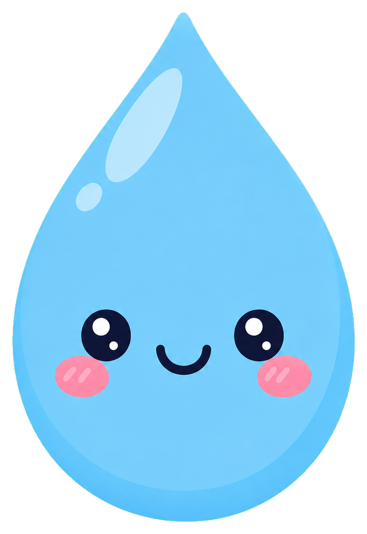 Blue kawaii raindrop with smiling face, rosy cheeks, and glossy highlight