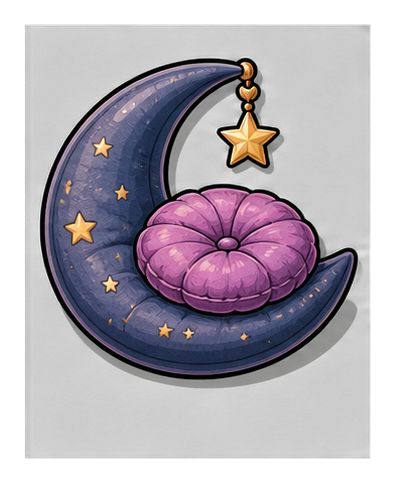Purple cushion resting inside a crescent moon with small gold stars and a hanging star charm