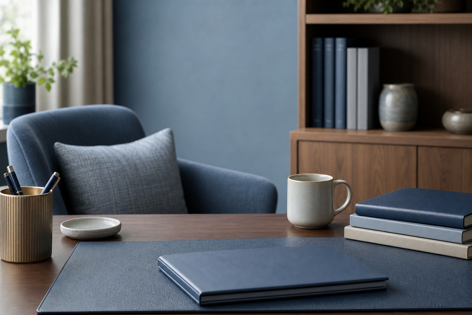 Blue office desk with chair, mug, books, and a laptop on the table