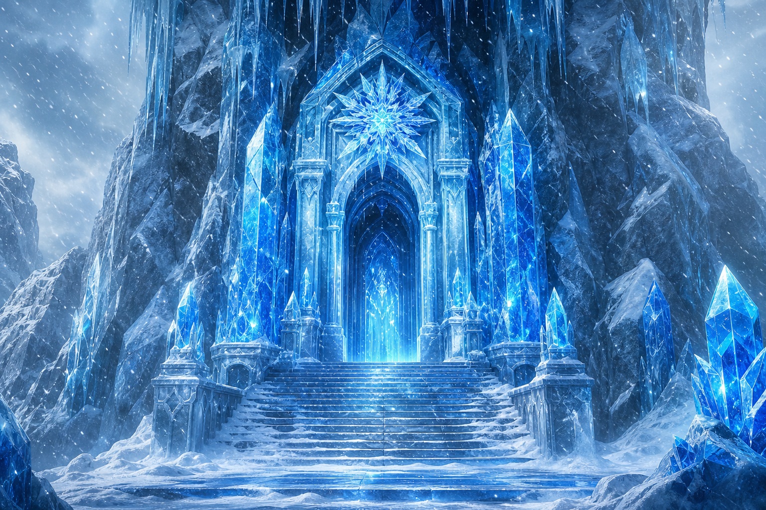 An icy fantasy temple entrance surrounded by blue crystals and snowy ruins.