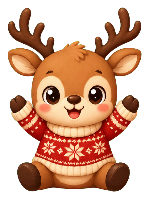 Cute cartoon reindeer wearing a red holiday sweater with antlers raised
