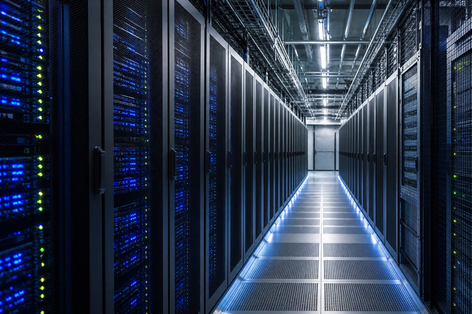 Blue-lit server room corridor with rows of servers and bright floor lights