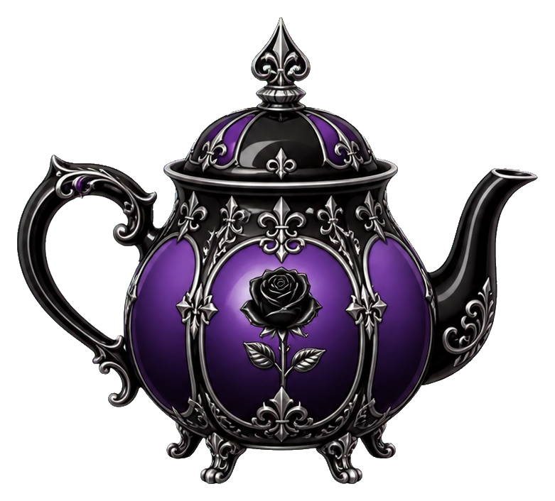Black and purple gothic teapot with ornate silver details and a black rose emblem.