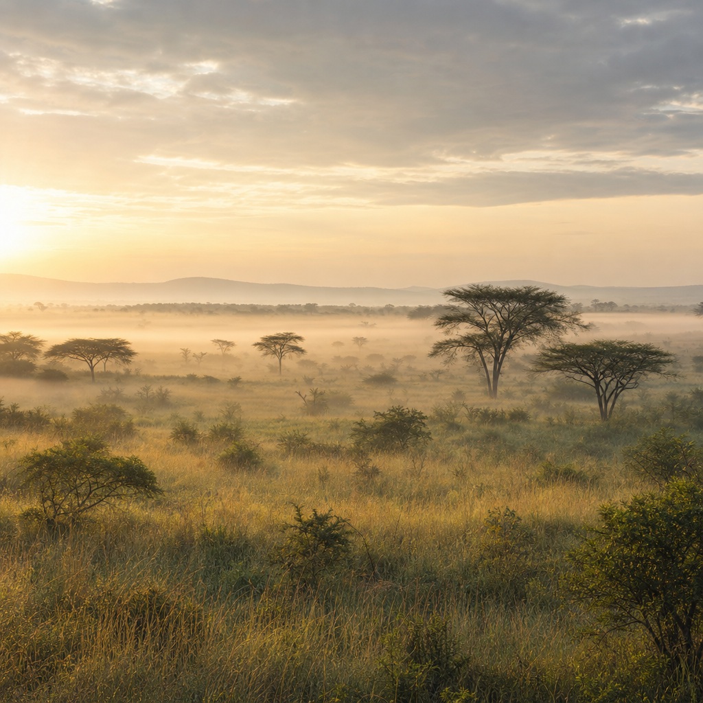 Misty sunrise over a grassy plain with scattered trees and distant hills.