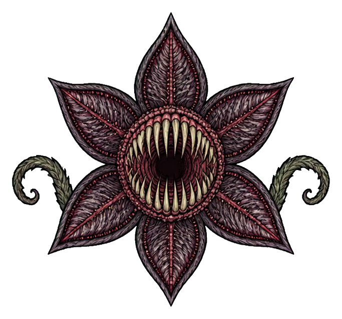 Dark red fangflower monster with jagged teeth and curling petals