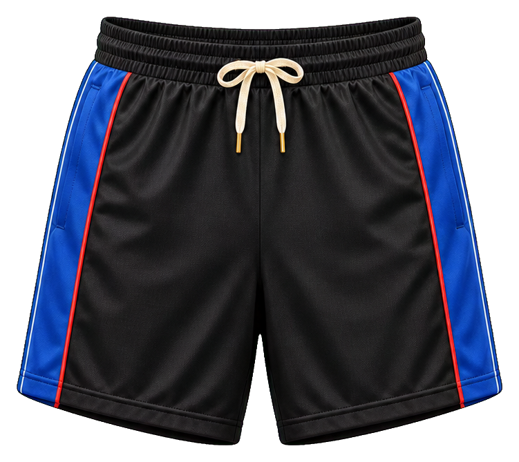 Black soccer shorts with blue side stripes and white drawstring.