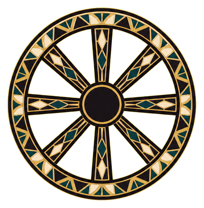 Gold and black art deco Dharma wheel with geometric spokes and circular border