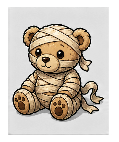 Cute teddy bear wrapped in mummy bandages with a Halloween sticker style