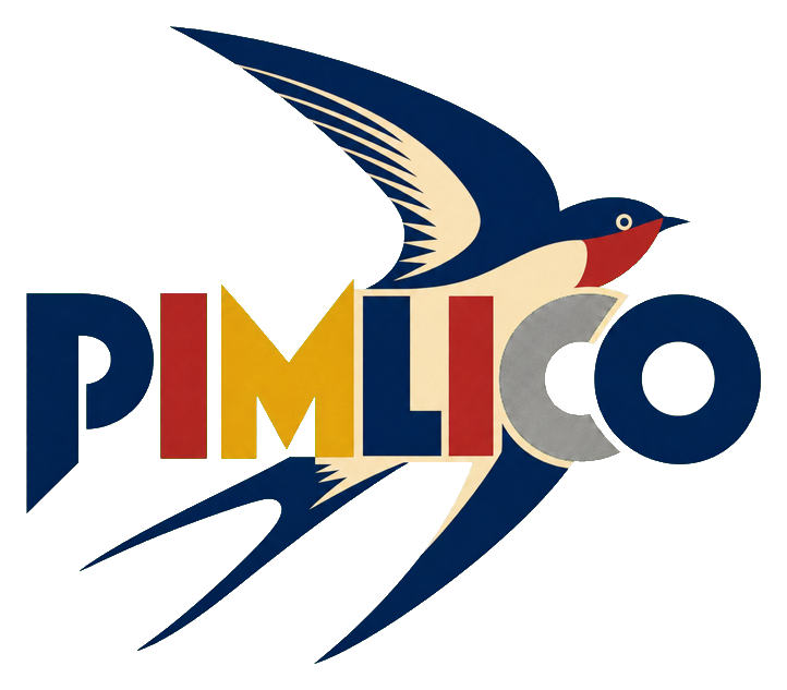 Retro Pimlico text sticker with a stylized swallow bird in blue, red, cream, and yellow.