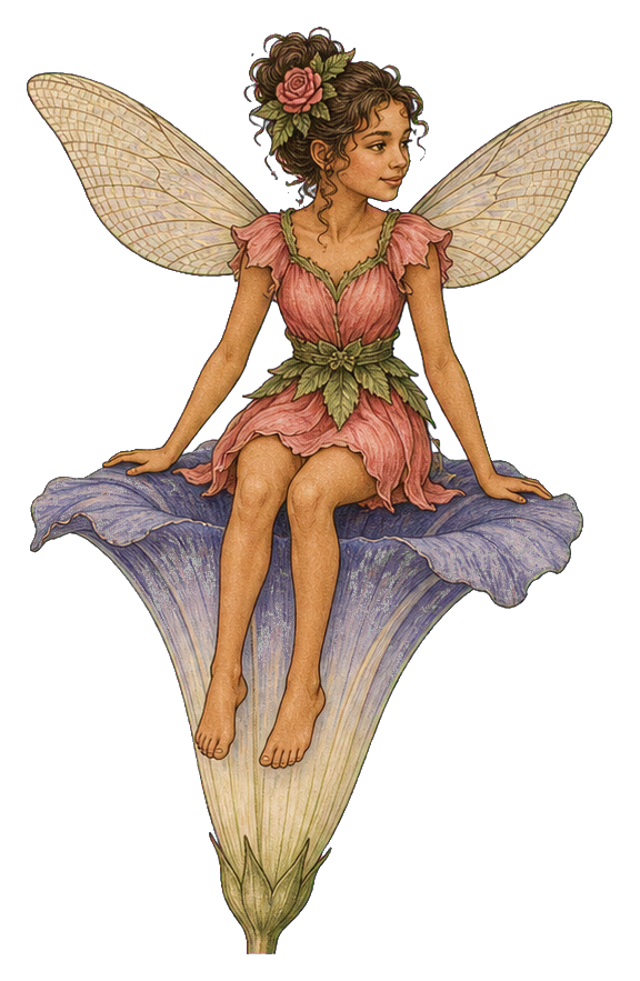 Vintage fairy with translucent wings sitting on a purple morning glory flower