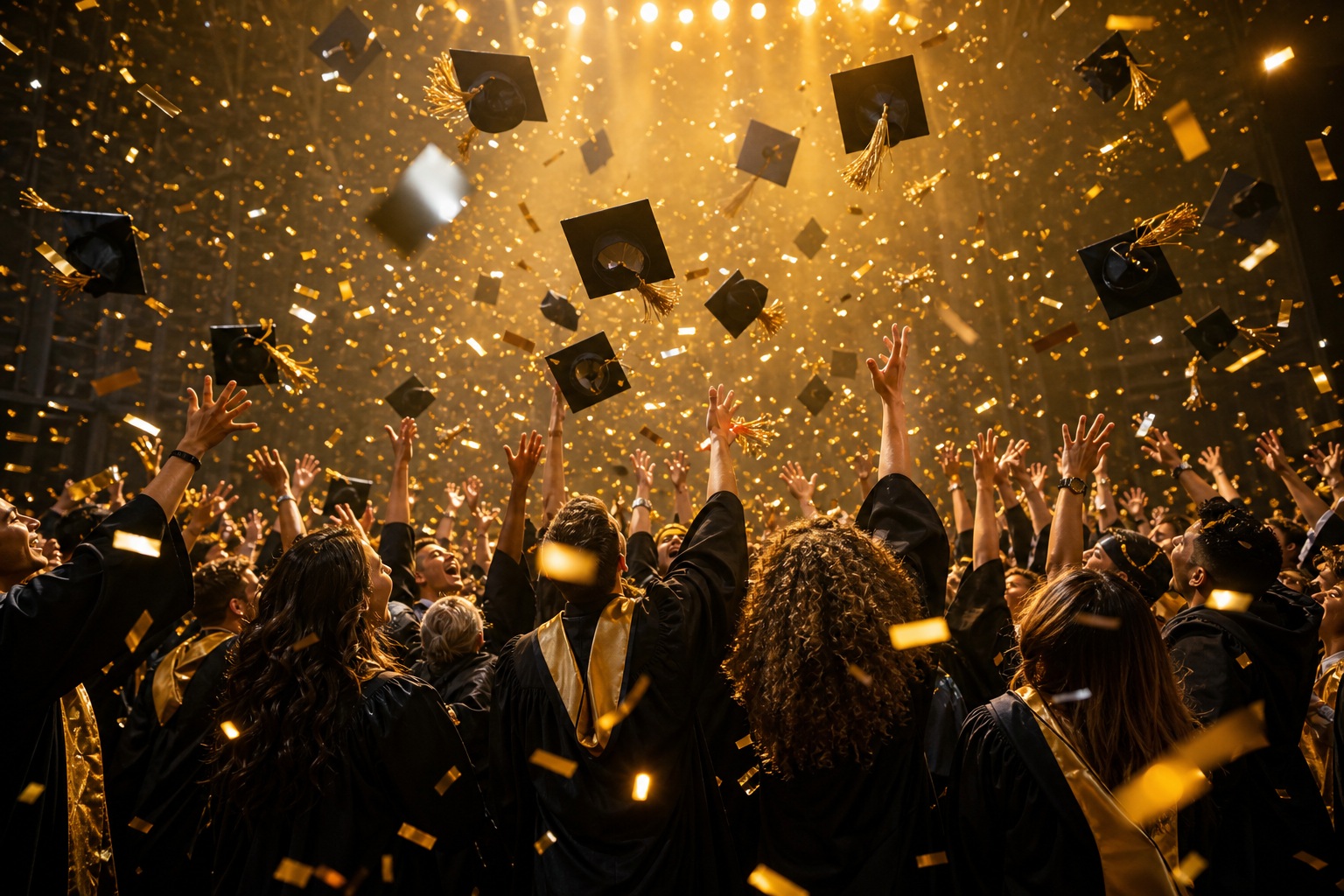 Graduates in cap and gown beneath golden confetti and warm celebratory lights