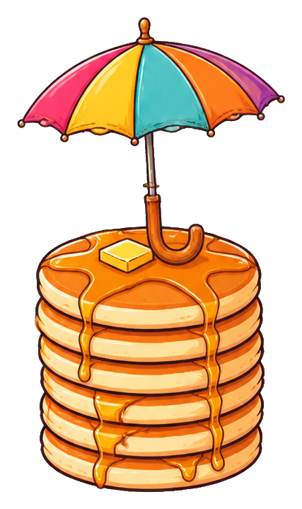 A stack of pancakes with syrup and a colorful parasol umbrella on top.