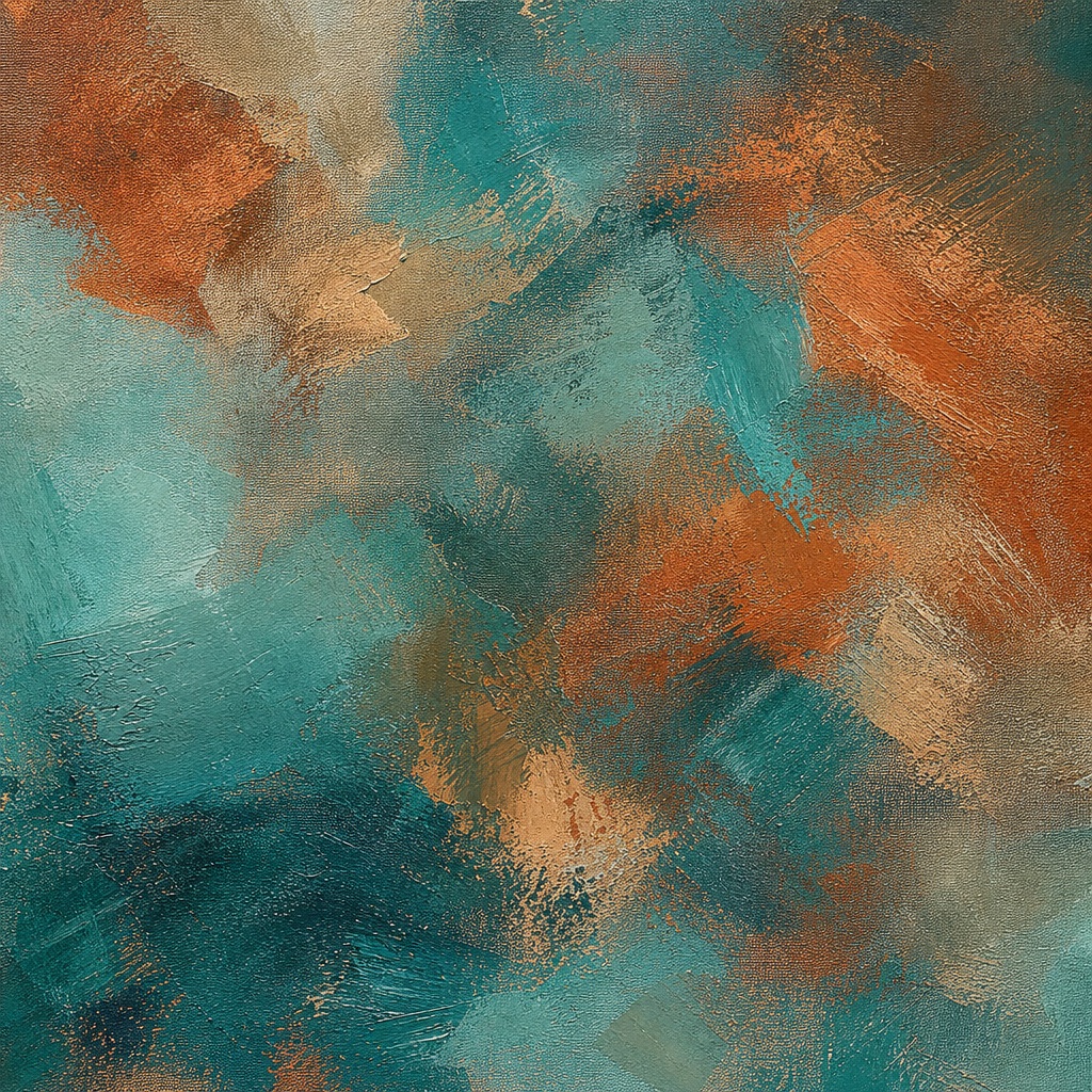 Teal and rust painted canvas texture with broad blended brush strokes.