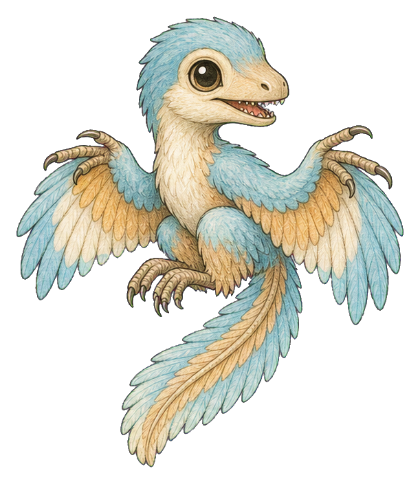 Cute kawaii archaeopteryx with soft blue wings and cream feathers