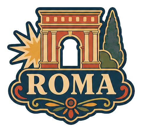 Retro sticker with the word Roma under an illustrated arch and starburst shapes.