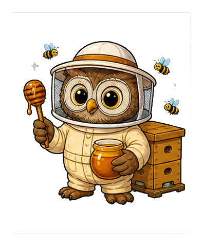 Cute owl in a beekeeper suit holding honey, with bees and a beehive behind it.
