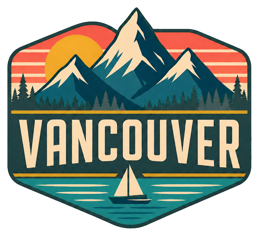 Retro Vancouver badge with mountains, sun, sailboat, and bold text.