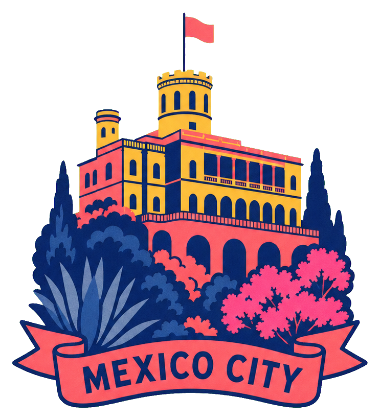 Illustrated Mexico City castle sticker with plants and a banner reading Mexico City.