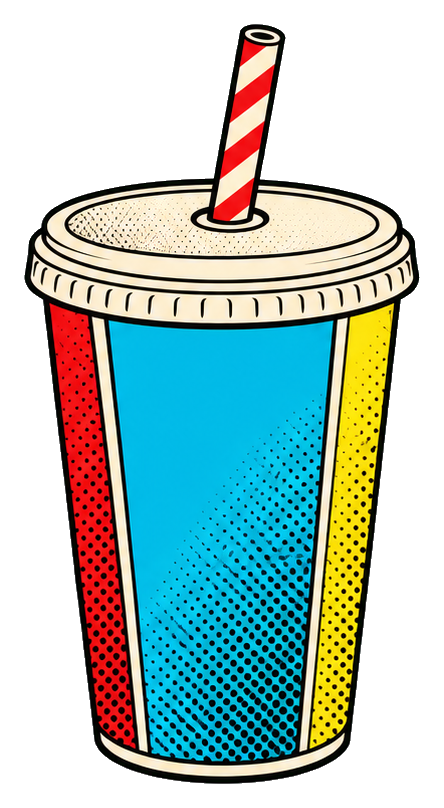 Pop art soda cup with striped straw and bold comic-style colors