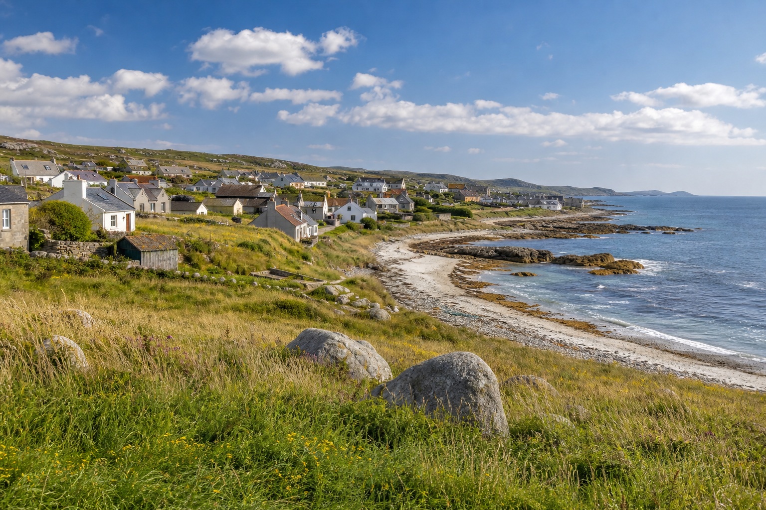 Coastal village on a grassy hillside beside a rocky shoreline and ocean.