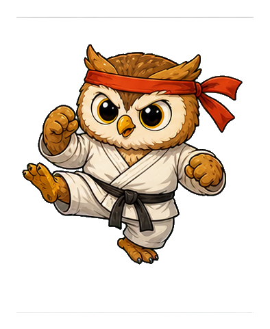 Cartoon owl in a martial arts pose wearing a white gi and orange headband