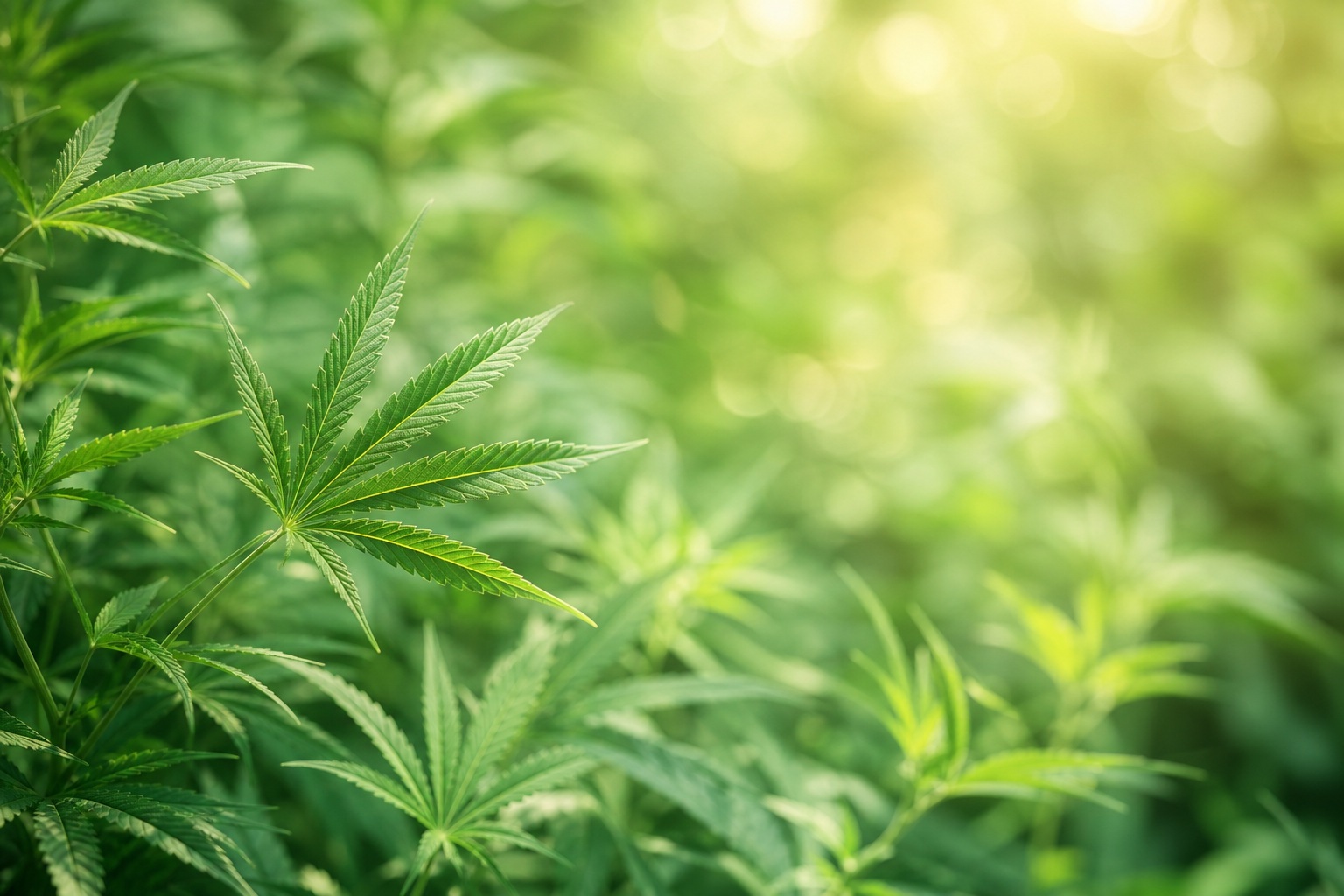 Green cannabis leaves in the foreground with a soft bokeh background