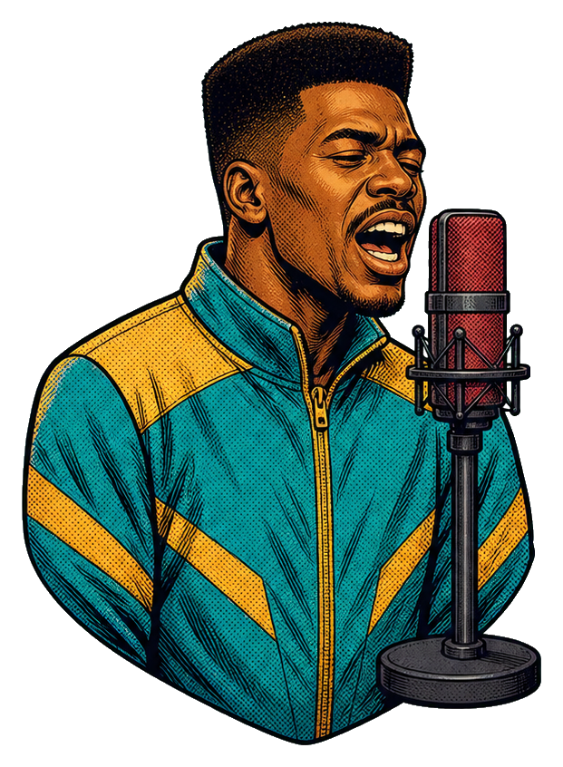 Cyan hip hop singer performing into a studio microphone wearing a striped jacket.