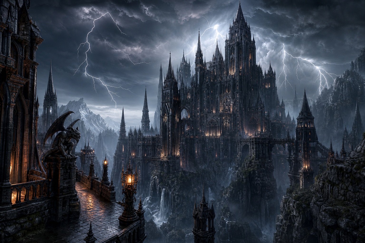 A towering gothic castle under stormy skies with lightning and dark rocky cliffs