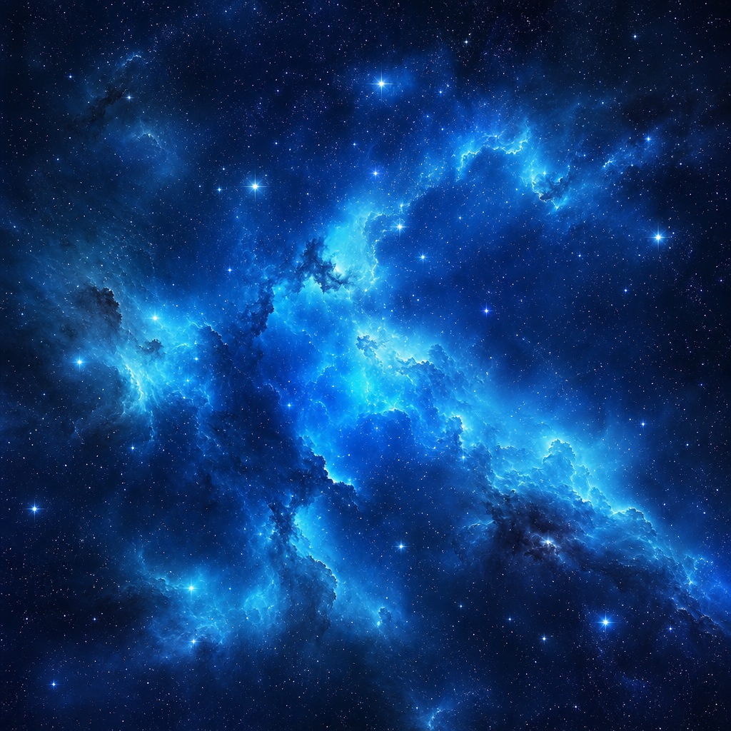 Blue nebula clouds glowing across a square star-filled space background.