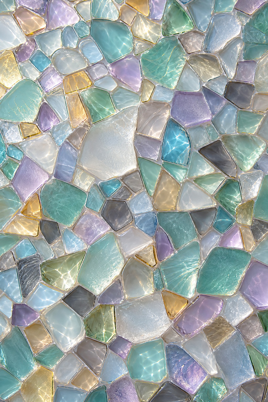 Abstract glass mosaic tiles in soft blue, green, lavender, and cream tones