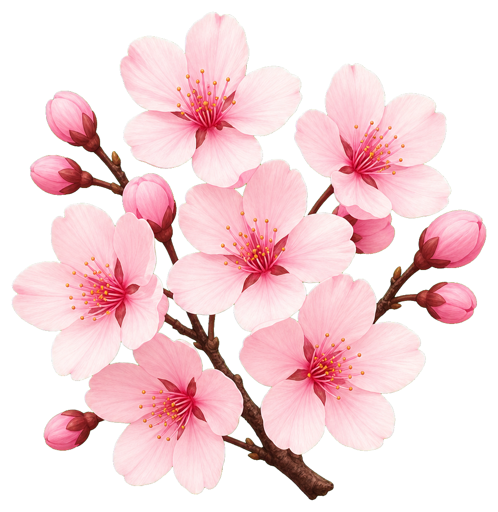 Cluster of pale pink cherry blossoms on a brown branch
