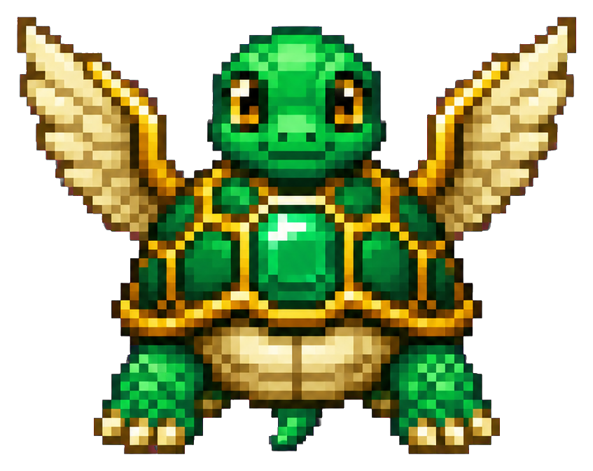 Pixel art emerald turtle with wings and gold shell details on a transparent background