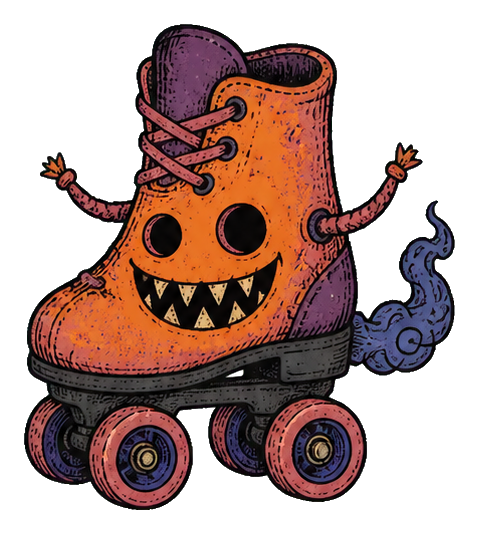 Orange roller skate with a monster face, laces, and purple spooky smoke.