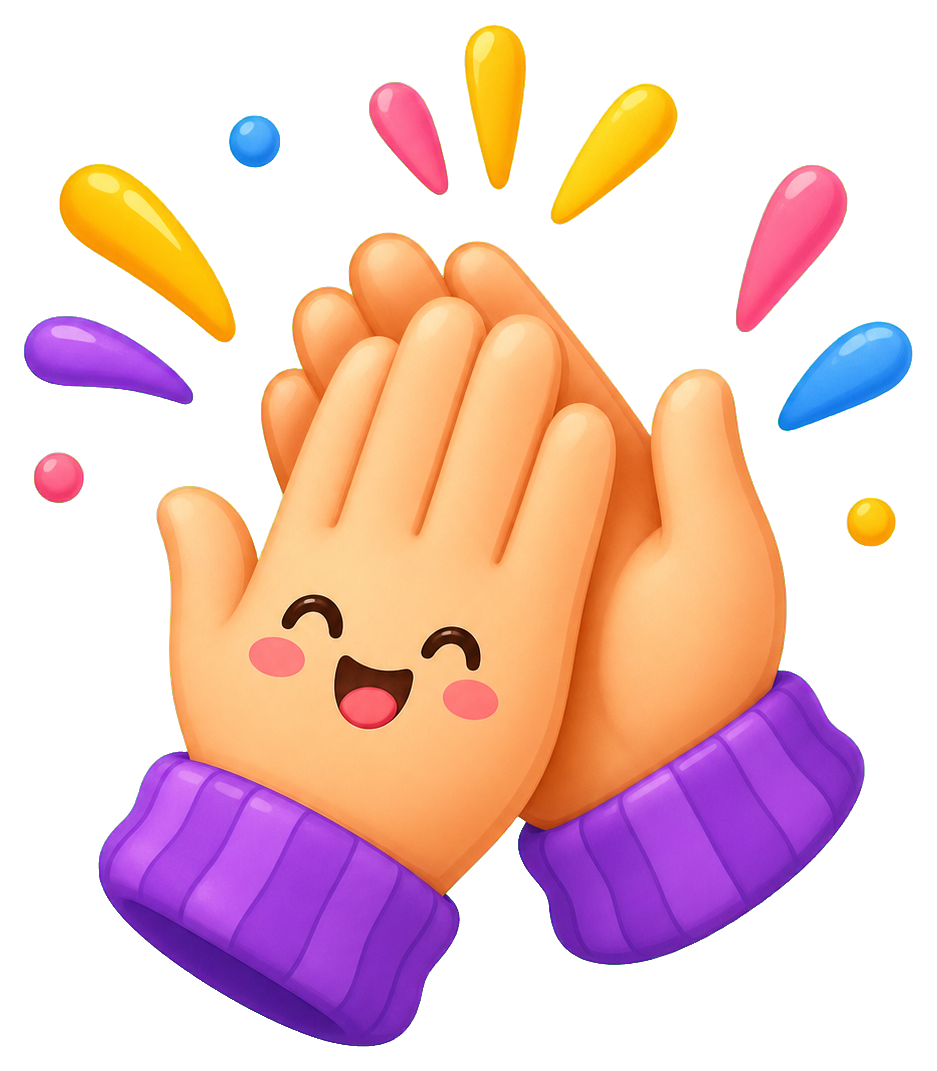 Smiling clapping hands with colorful confetti and purple sleeves