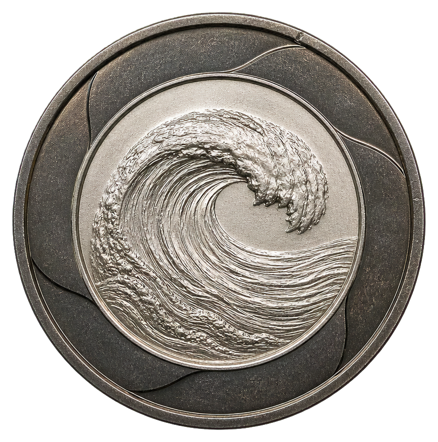 Round bimetal coin sticker with a silver wave relief in the center