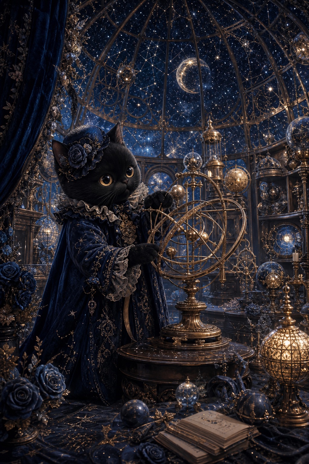 Black cat astronomer standing in a gothic starry room with celestial instruments.