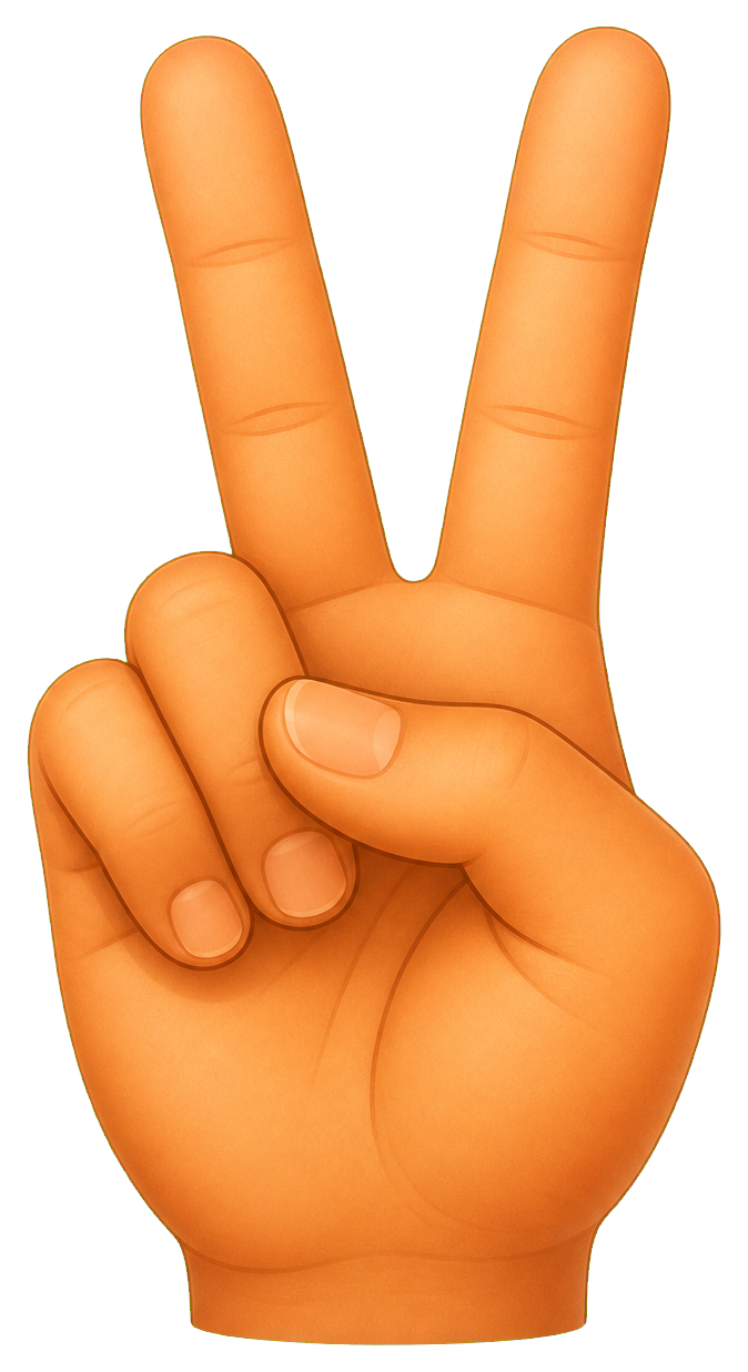 Orange hand making a peace sign with two raised fingers.