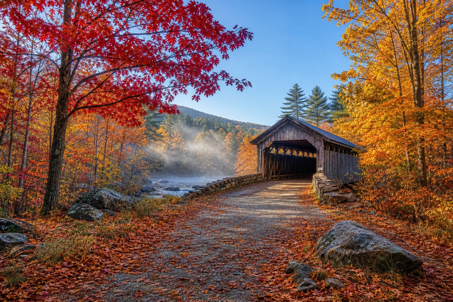 Preview for Autumn Covered Bridge Landscape Background