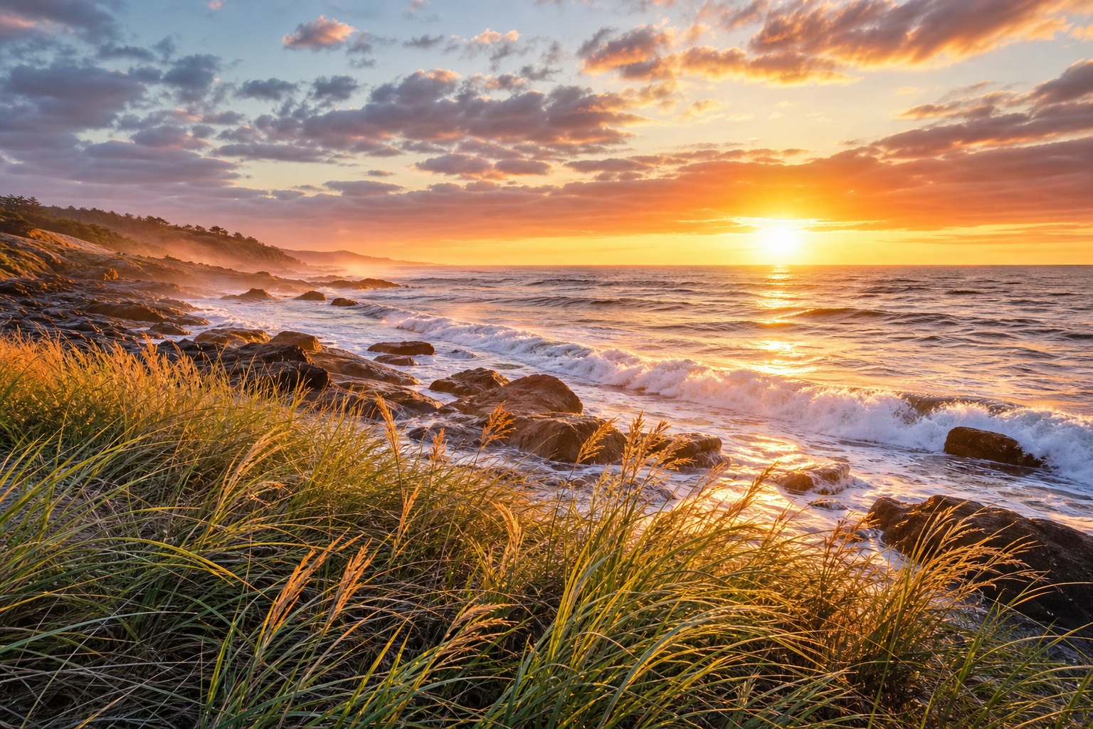 Golden sunrise over ocean waves with grassy shoreline and rocky coast