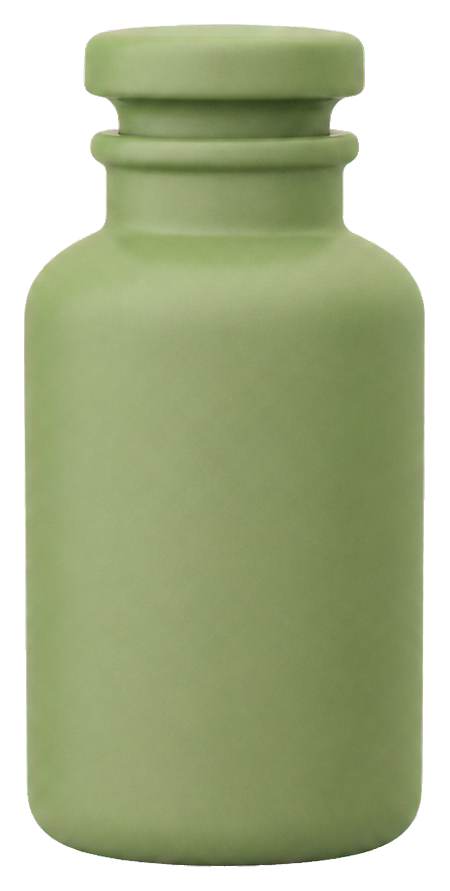 A sage green apothecary bottle with a rounded rectangular shape and short cap.