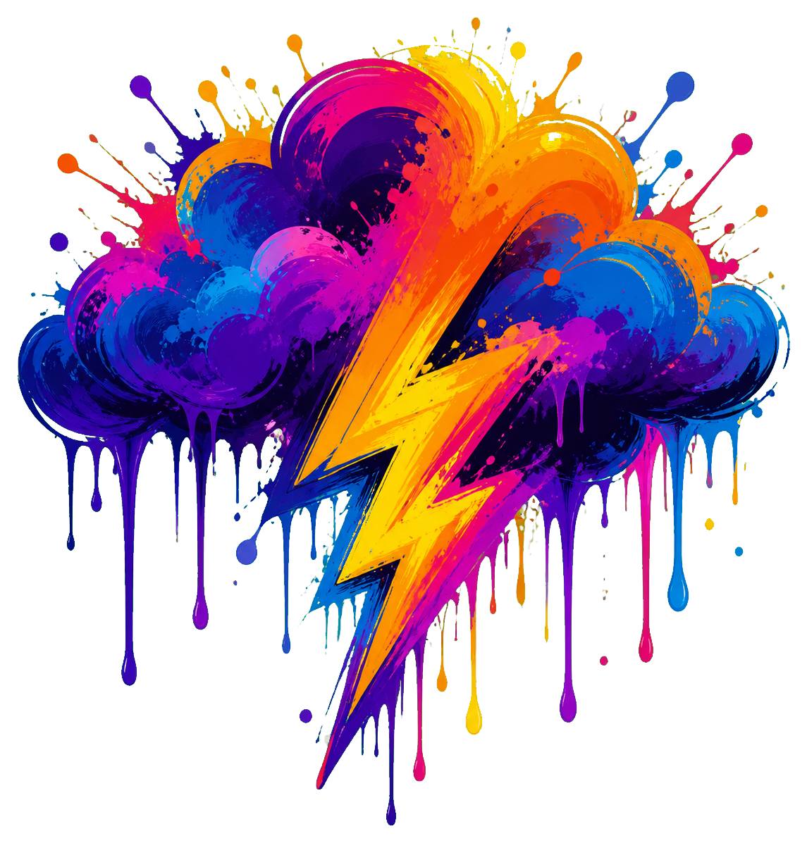 Colorful graffiti cloud with a yellow lightning bolt and dripping paint edges.