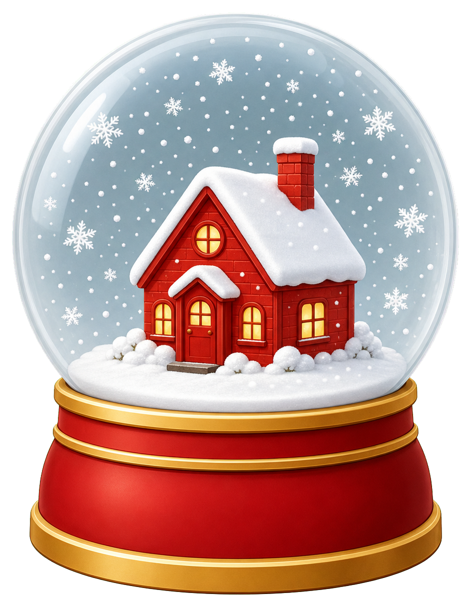 Snow globe with a red house covered in snow on a red base.
