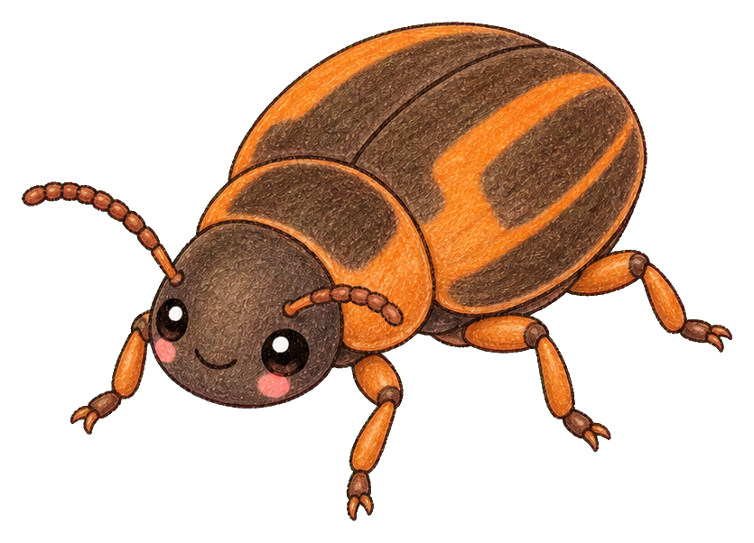 Cute kawaii bombardier beetle sticker with orange striped shell and smiling face