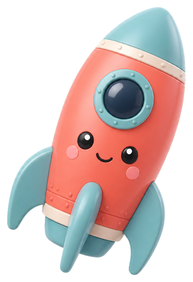 Cute cartoon rocket with teal fins, a smiling face, and pastel details.