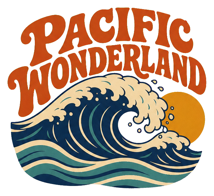 Retro Pacific Wonderland text above a stylized ocean wave and sun graphic
