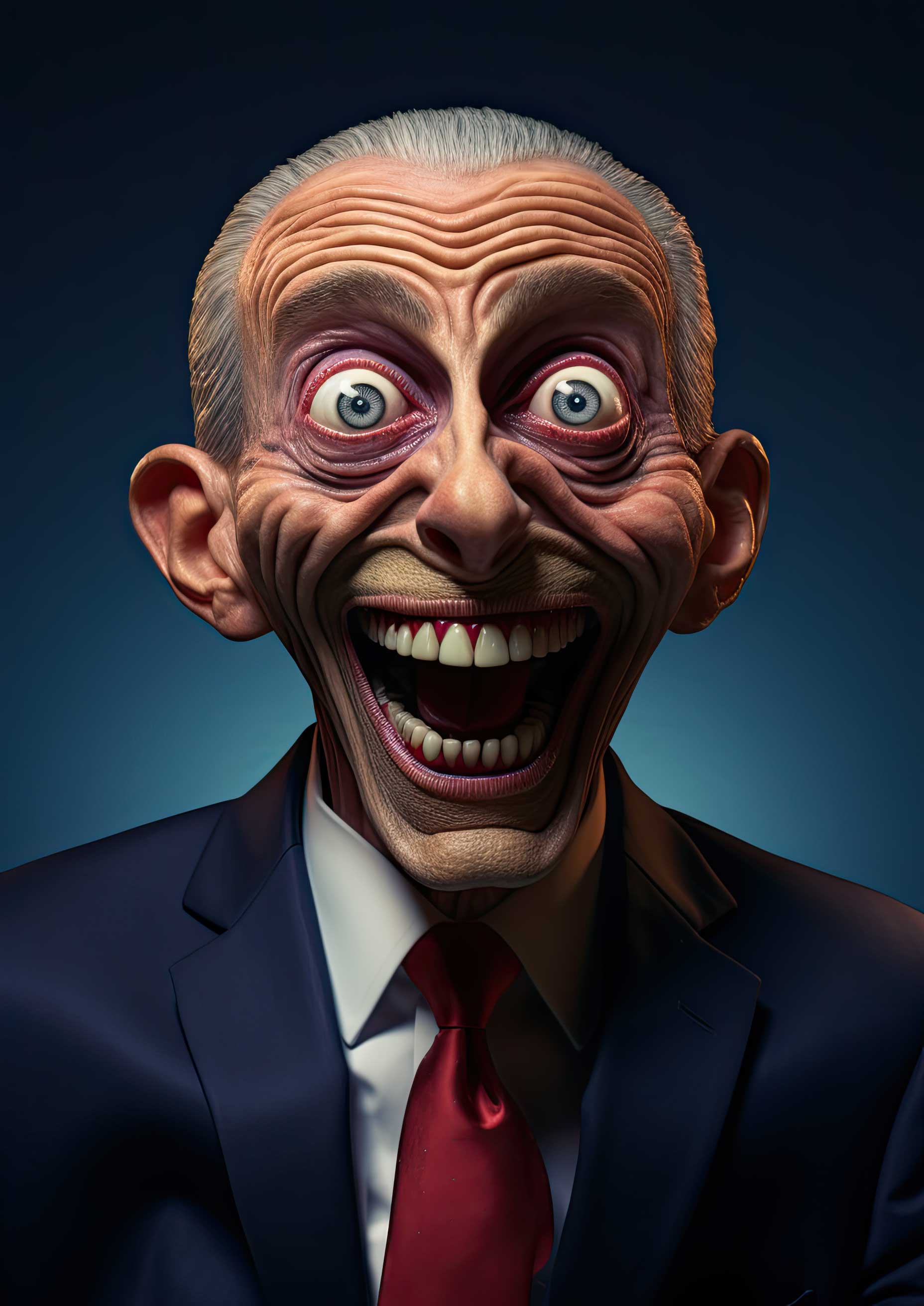 Exaggerated portrait of a suited man with a wide grin and intense facial features.