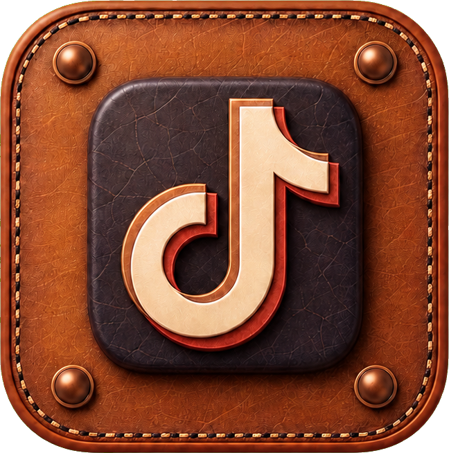 Leather square icon sticker with a TikTok logo centered on a stitched brown background.