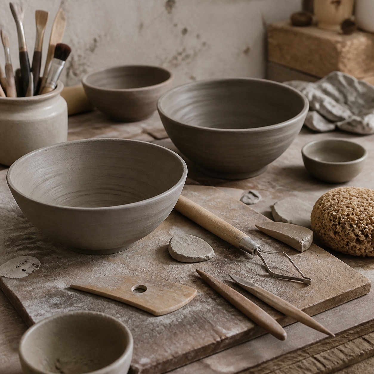 Handmade ceramic bowls and pottery tools arranged on a rustic worktable