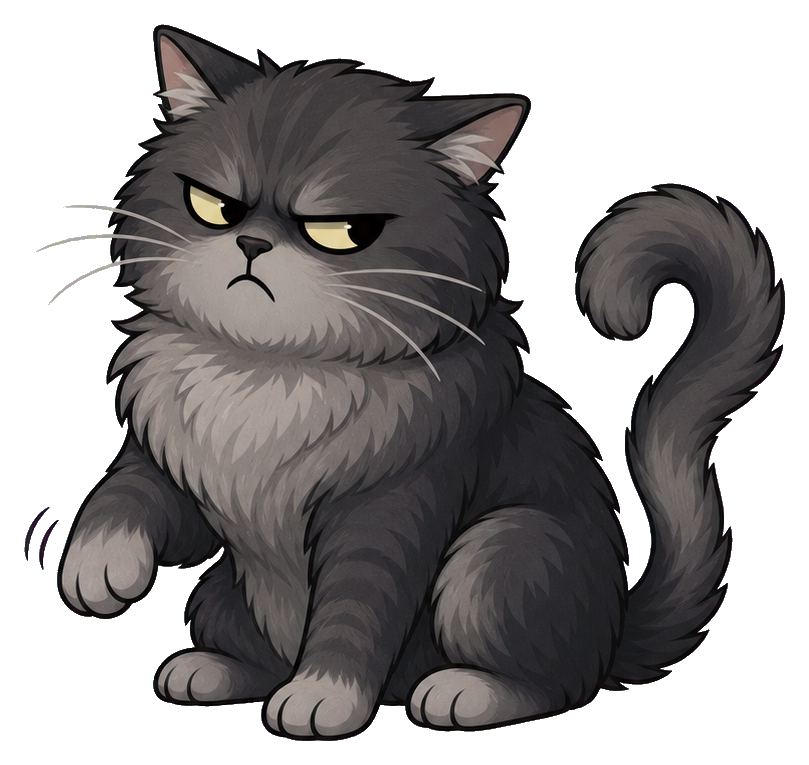 Grumpy charcoal cat with a curled tail and annoyed expression