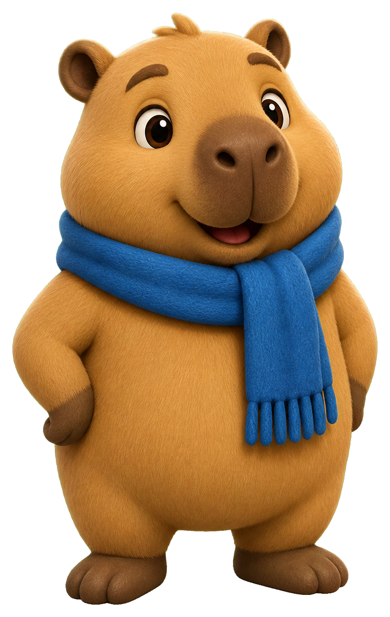 Cute capybara mascot wearing a blue scarf and smiling